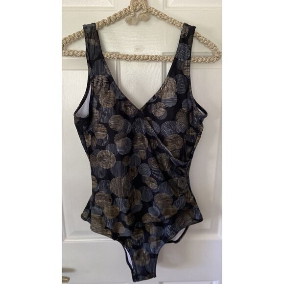 Byron Blue Australia Womans One Piece Swimsuit Black Gold Blue Circle Size 12 - Picture 8 of 16